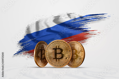 Crypto currency, gold coin BITCOIN BTC. Coin bitcoin against the background of the flag of Russia. The concept a new currency, Blockchain Technology , a token. Mixed media photo