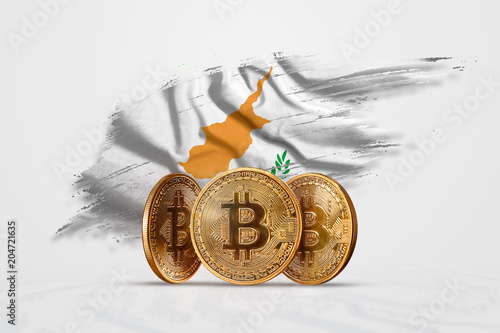 Crypto currency, gold coin BITCOIN BTC. Coin bitcoin against the background of the flag of Cyprus. The concept a new currency, Blockchain Technology , a token. Mixed media photo