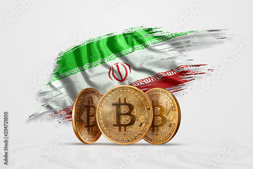 Crypto currency, gold coin BITCOIN BTC. Coin bitcoin against the background of the flag of Iran. The concept a new currency, Blockchain Technology , a token. Mixed media photo