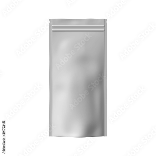 White foil or paper food stand up snack bag clipping path. Blank sachet packaging illustration. Vector isolated template