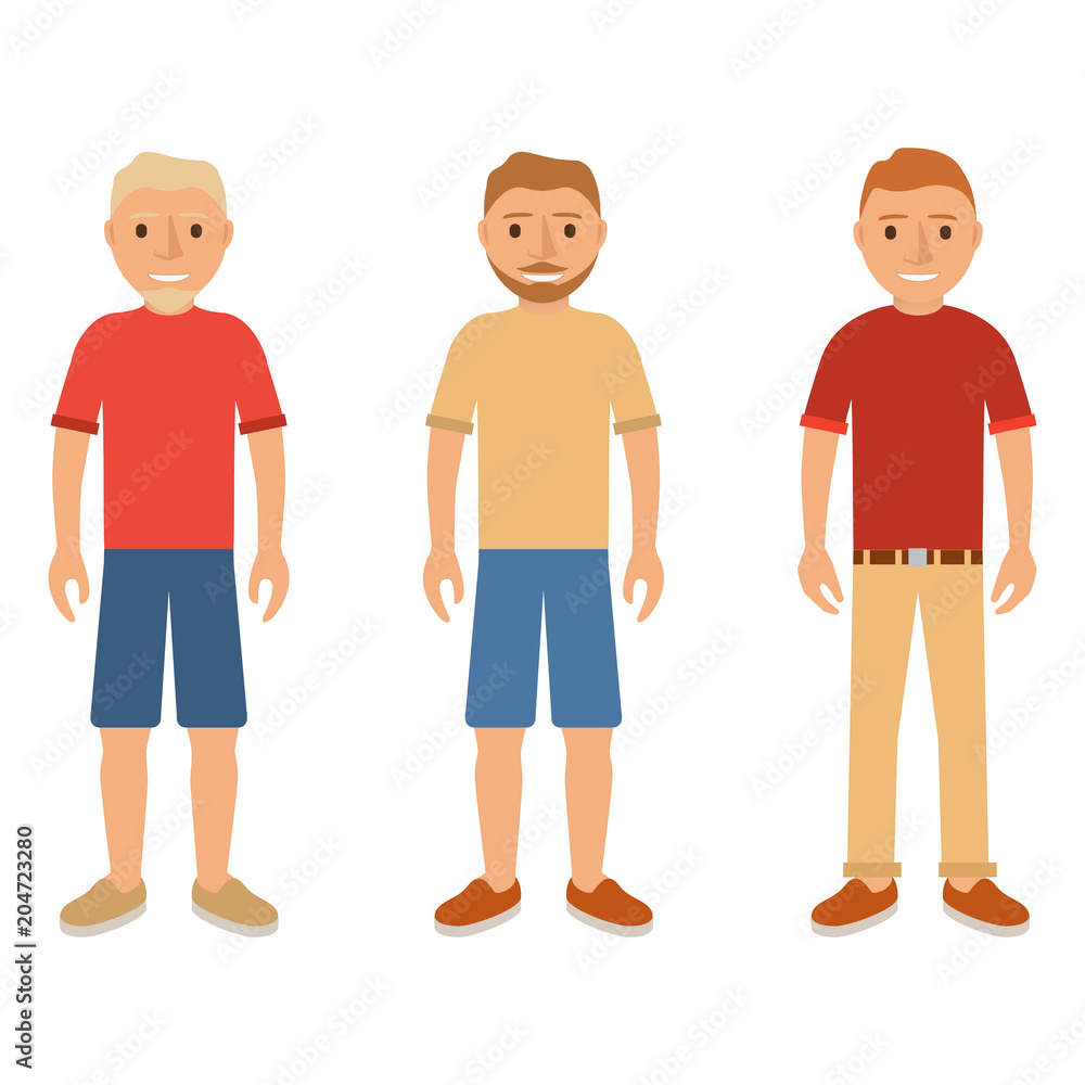 Set young men summer clothes in shorts,trousers,a shirt and in boots.Guy a beard and moustaches blonde and brunette.Character cartoon avatar social networks and mobile applications flat vector. Set young men summer clothes in shorts,trousers,a shirt and in boots.Guy a beard and moustaches blonde and brunette.Character cartoon avatar social networks and mobile applications flat vector.