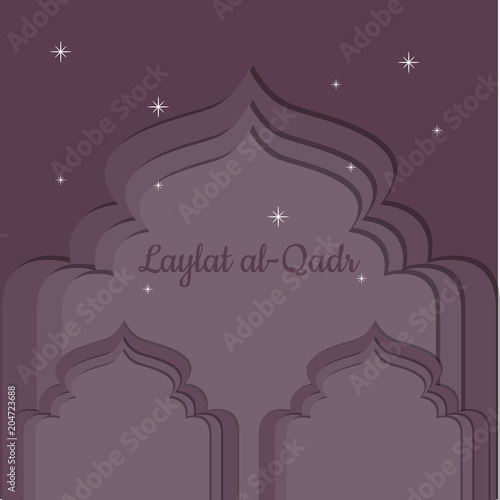 Laylat al-Qadr. Islamic religion holiday. Symbolic silhouette of the mosque. Bordeaux shades of color. Paper style