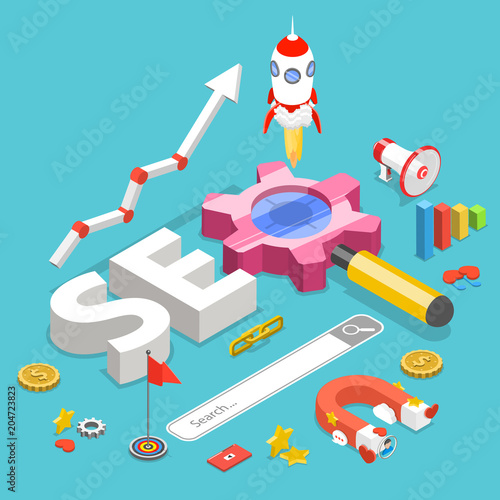 SEO. Flat isometric vector concept of search engine optimization.