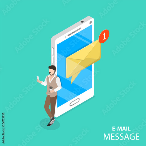 Mobile e-mail notification flat isometric vector concept. A man is browsing his new messages on its gadget standing beside the huge smartphone with notification about a one new message.