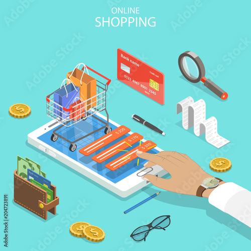 Flat isometric vector concept of online shopping, e-commerce, mobile payment.