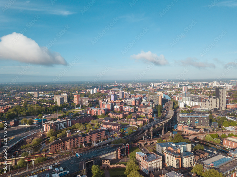 Manchester City Centre Drone Aerial View Above Building Work Skyline Construction Blue Sky Summer Beetham Tower Deansgate.