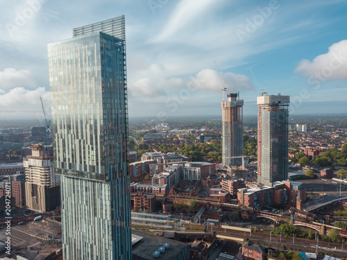 Photo Manchester City Centre Drone Aerial View Above Building Work Skyline Construction Blue Sky Summer Beetham Tower Deansgate