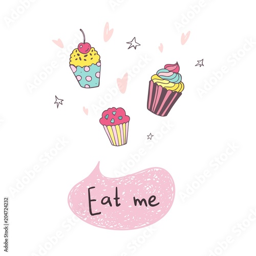 Hand drawing cupcake with hearts  eat me  vector illustration isolated on white background