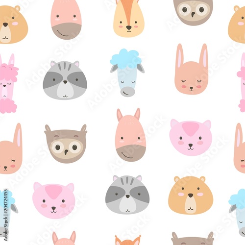 Cute animals. Pattern of hand drawn smiling characters. Cartoon zoo. Cat, lama, horse, raccoon, sheep, owl, rabbit, squirrel and bear. Vector illustration.