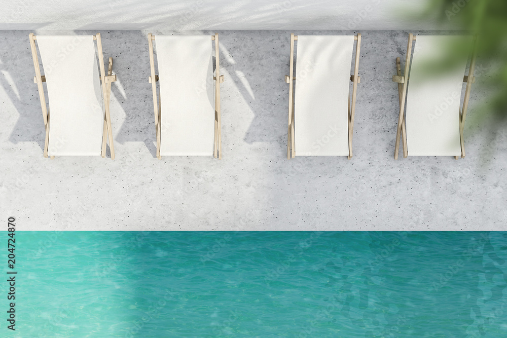 Fototapeta premium Rows of beach chairs near pool, top view