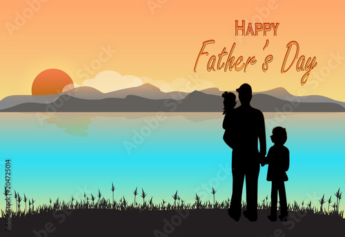 Father and children with Happy Father's day text on sunset or sunrise background © kheat