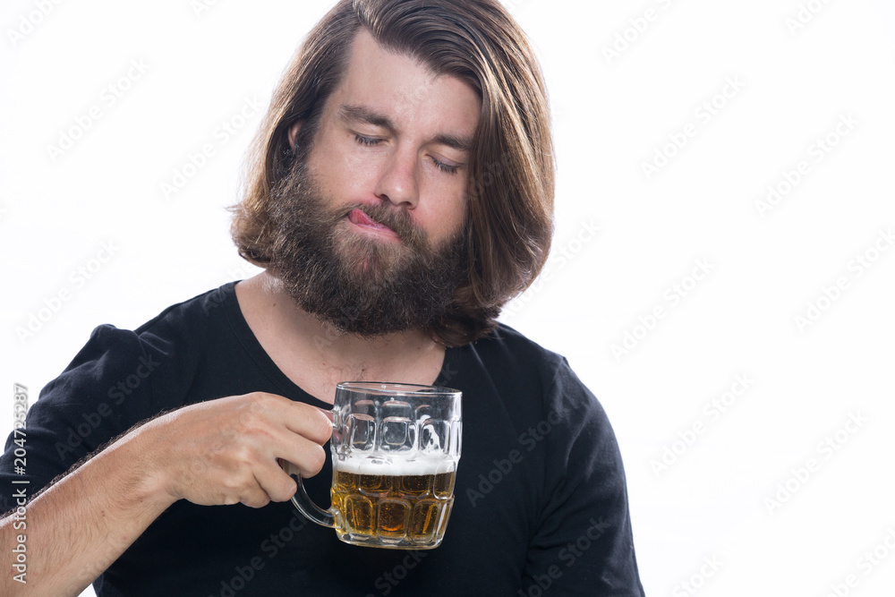 Man with a glass of beer isolated on white, alcohol, harm Man with a glass of beer isolated on white, alcohol, harm