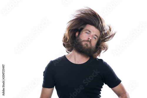 Beauty and hair salon, hairstyle and people concept - close up of male with long hair isolated on white