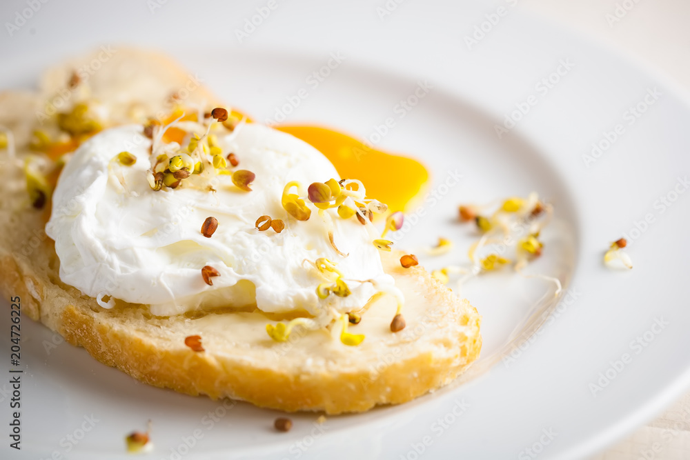 egg Benedict on a slice of fresh white bread egg Benedict on a slice of fresh white bread