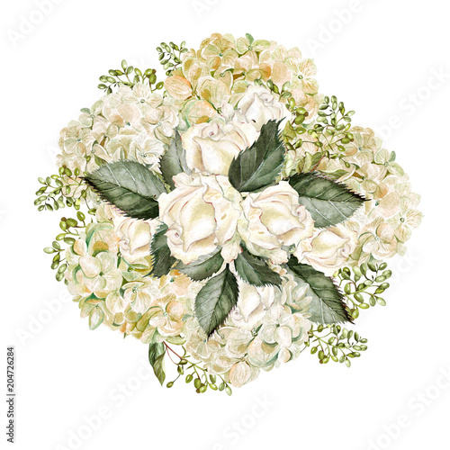 A beautiful watercolor bouquet with hudrangea and roses.