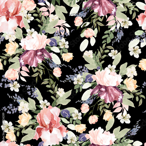 Beautiful watercolor pattern with peony, iris and roses flowers.
