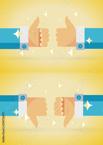 Set of businessman agreement and disagreement. Icons of raised and descended thumb. Vector illustration