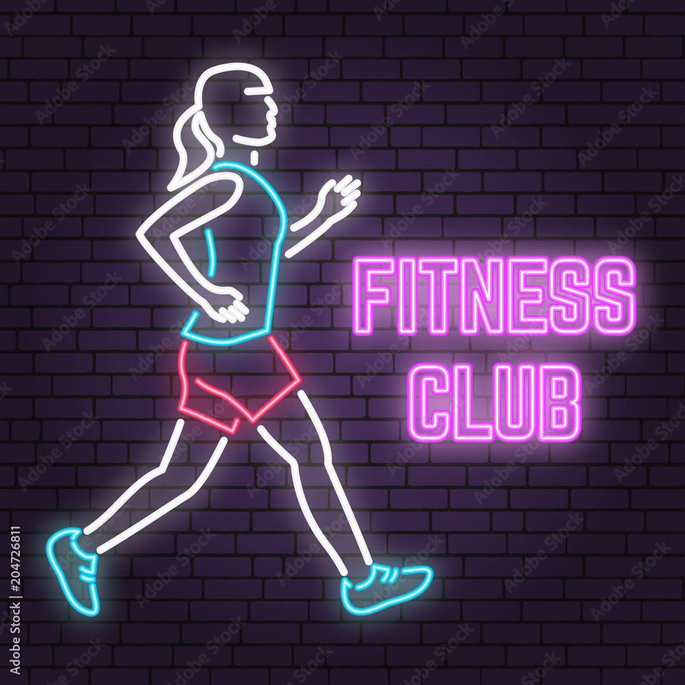 Neon fitness club sign on brick wall background. Vector illustration.