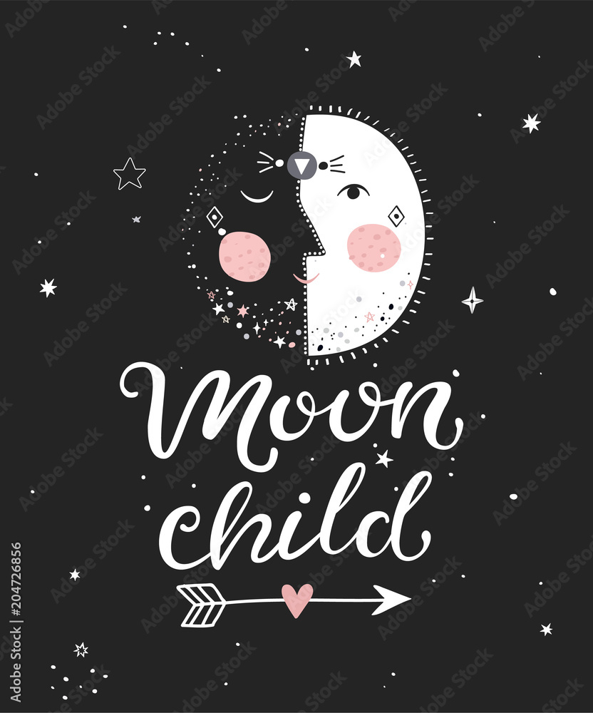 Moon child monochrome poster with hand drawn lettering. Vector illustration.