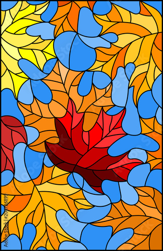 Illustration in stained glass style with colorful leaves on blue background 