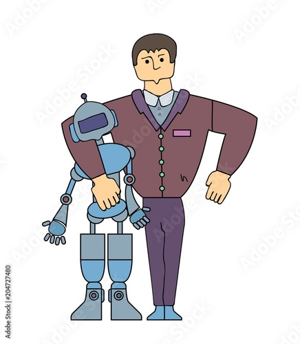 Human-Robot Interaction. Strong man embracing a robot. Cartoon characters. Simple line vector illustration. Isolated on white background.