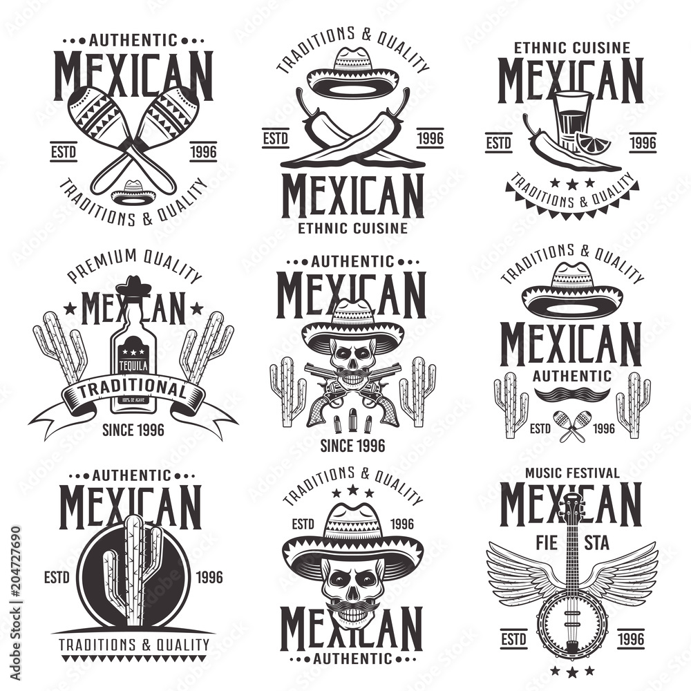 Mexican national attributes vector black emblems