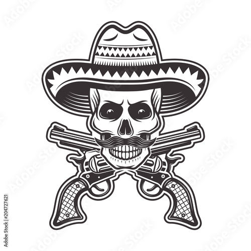 Mexican bandit skull in sombrero hat illustration