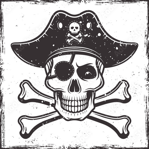Pirate skull in hat and two crossed bones vector