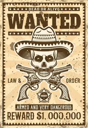 Mexican bandit skull in sombrero wanted poster