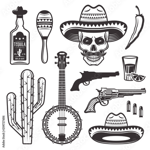 Mexican ethnic attributes set of vector objects