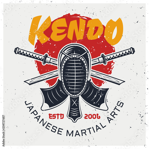 Kendo protective face mask and two bamboo swords