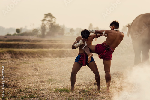 Canvas Print Martial arts of Muay Thai,Action Muay Thai tradition fighters of Thailand