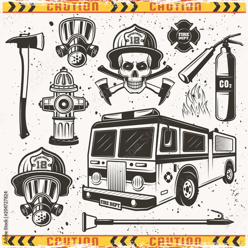 Firefighters equipment set of vector objects