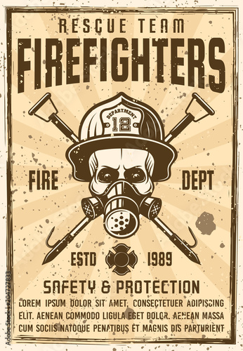 Skull in gas mask and firefighter helmet poster