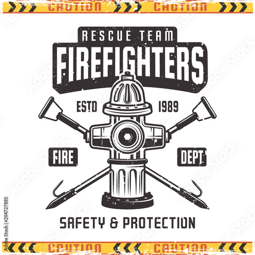 Firefighter vector retro emblem with fire hydrant