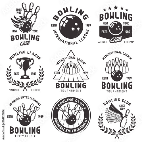 Bowling set of vector emblems, badges and labels