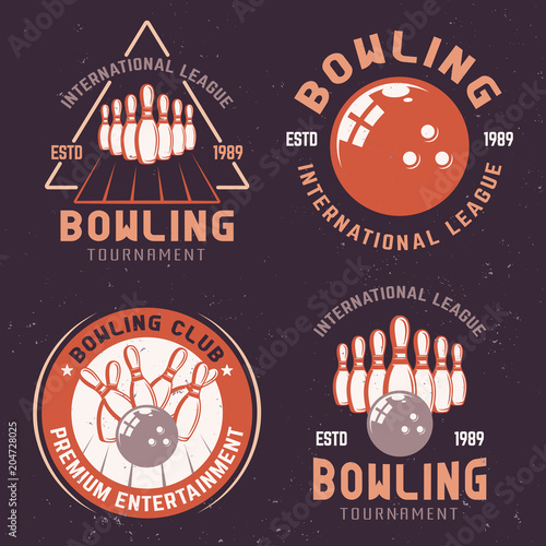 Bowling tournament colored vector emblems