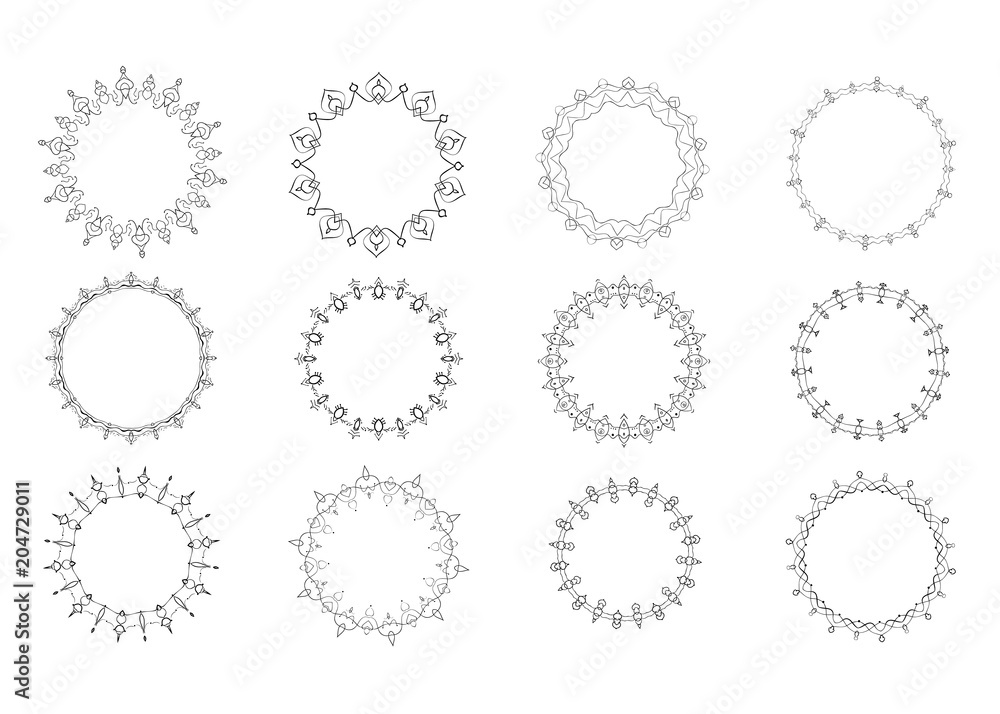 Set of circular decorative frames. Vector illustration.