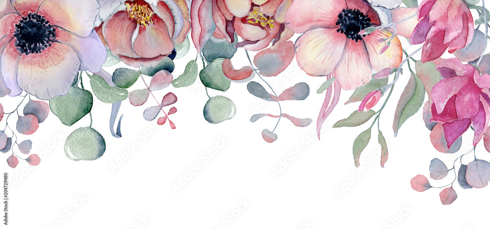 Watercolor floral frame Hand drawn arrangemen with peonies and anemone flowers - obrazy, fototapety, plakaty 