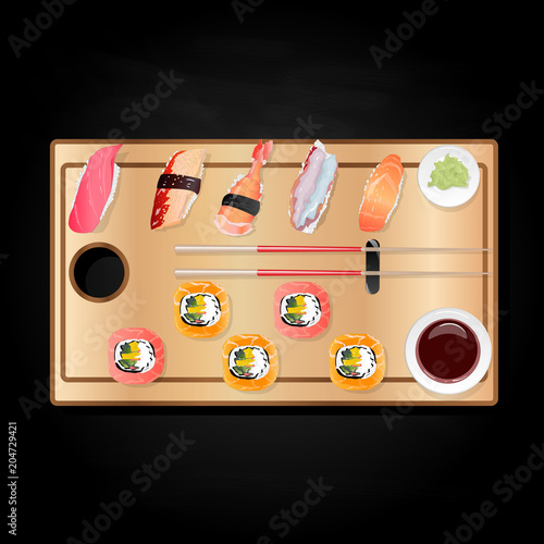 Nigiri Sush seti illustration isolated. Top view.