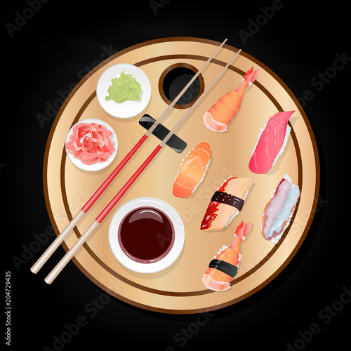 Nigiri Sush seti illustration isolated. Top view.