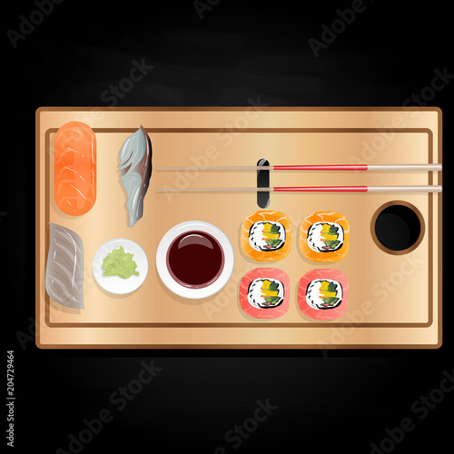 Nigiri Sush seti illustration isolated. Top view.