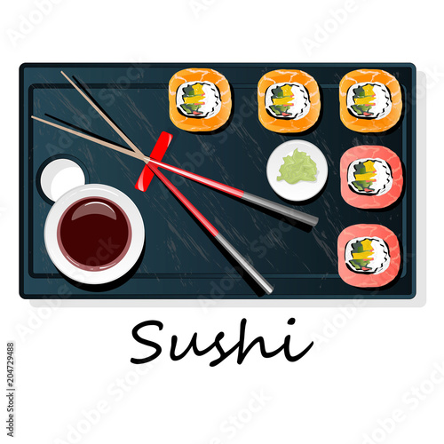 Nigiri Sush seti illustration isolated. Top view.