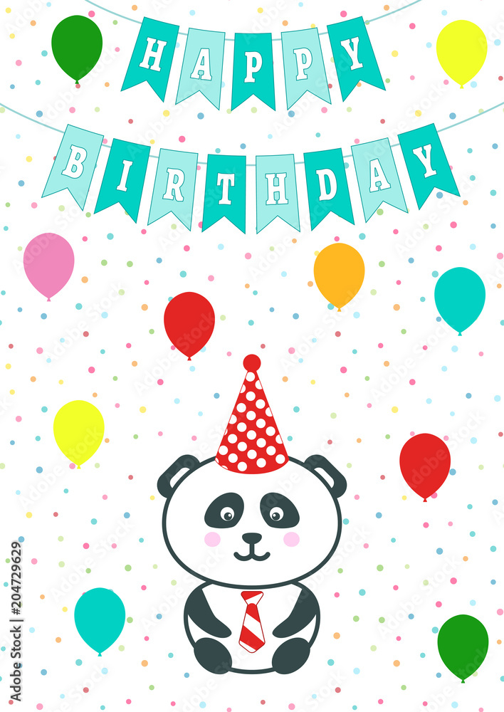 Greeting card with confetti, flags and baloons. Vector illustration. Baby boy arrival announcement, shower card. Panda cartoon bear cub. Happy birthday card with panda boy in hat and red tie. Greeting card with confetti, flags and baloons. Vector illustration. Baby boy arrival announcement, shower card. Panda cartoon bear cub. Happy birthday card with panda boy in hat and red tie.