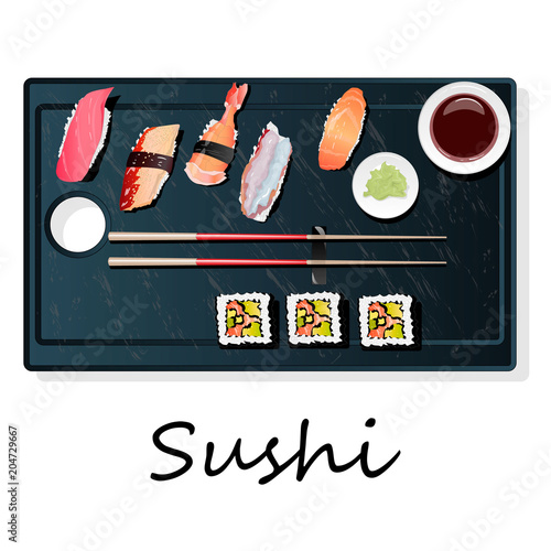 Nigiri Sush seti illustration isolated. Top view.