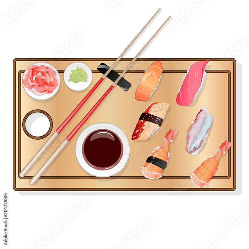 Nigiri Sush seti illustration isolated. Top view.