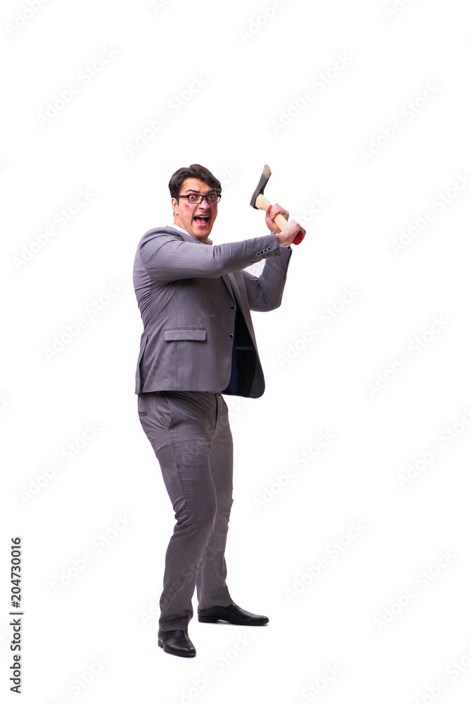 Angry businessman with axe isolated on white