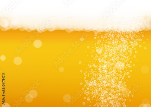 Beer bubbles background with realistic white foam.  Cool liquid drink for pub and bar menu design, banners and flyers.  Yellow horizontal beer bubbles backdrop. Cold glass of ale for brewery design.