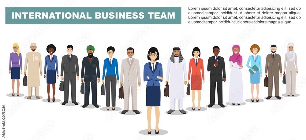 Group of business men and women, working people standing together on white background. Business team and teamwork concept. Different nationalities and dress styles. Flat design people characters. Group of business men and women, working people standing together on white background. Business team and teamwork concept. Different nationalities and dress styles. Flat design people characters.