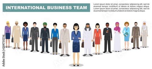 Group of business men and women, working people standing together on white background. Business team and teamwork concept. Different nationalities and dress styles. Flat design people characters.